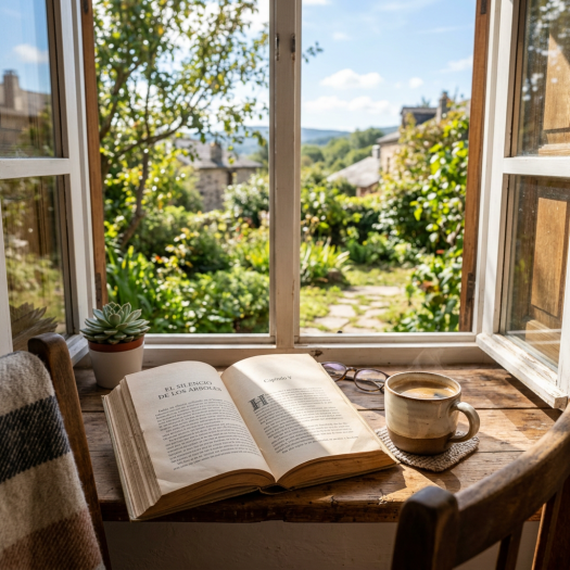 Open book, coffee cup, and glasses on wooden table by open window with garden view